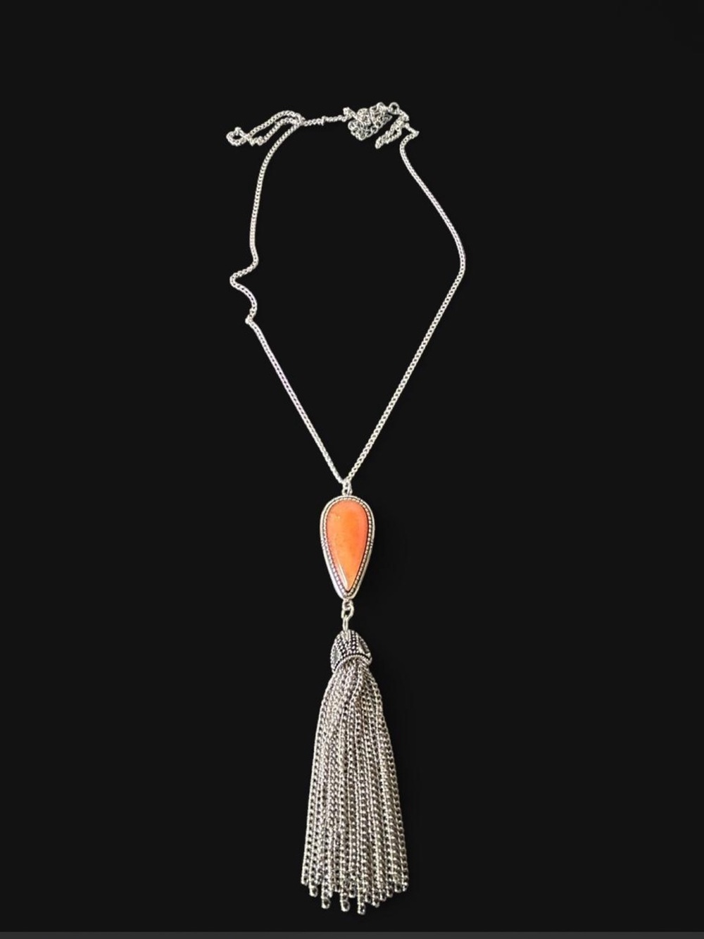 Silver Chain Necklace with Orange Teardrop and Tassel Pendant